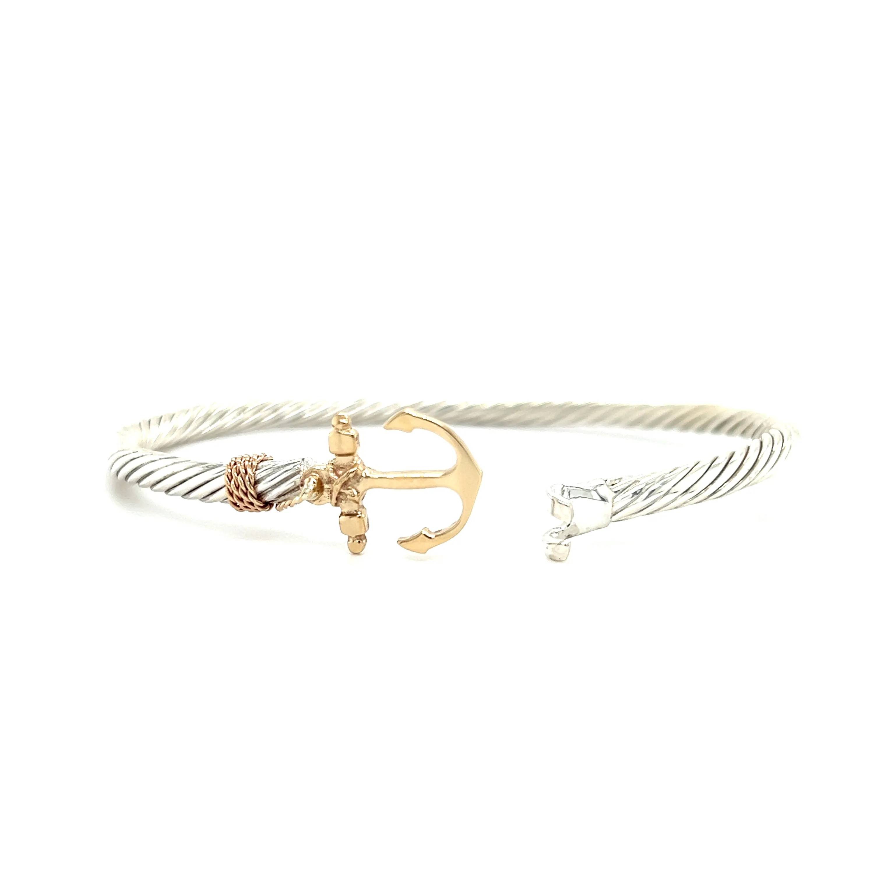 Twisted Cable 3.5mm Bangle Bracelet with 14K Yellow Gold Anchor and Wrap in Sterling Silver