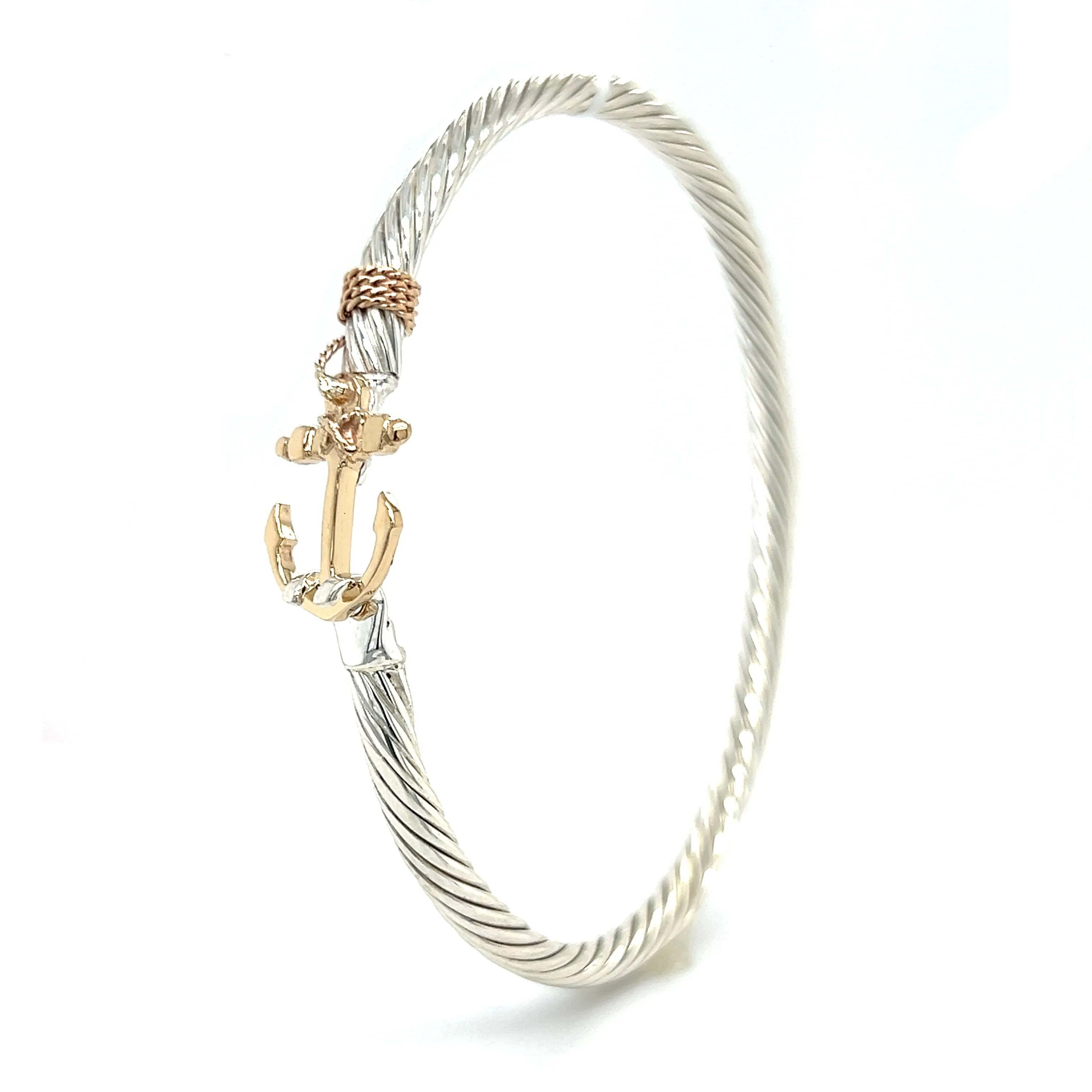 Twisted Cable 3.5mm Bangle Bracelet with 14K Yellow Gold Anchor and Wrap in Sterling Silver