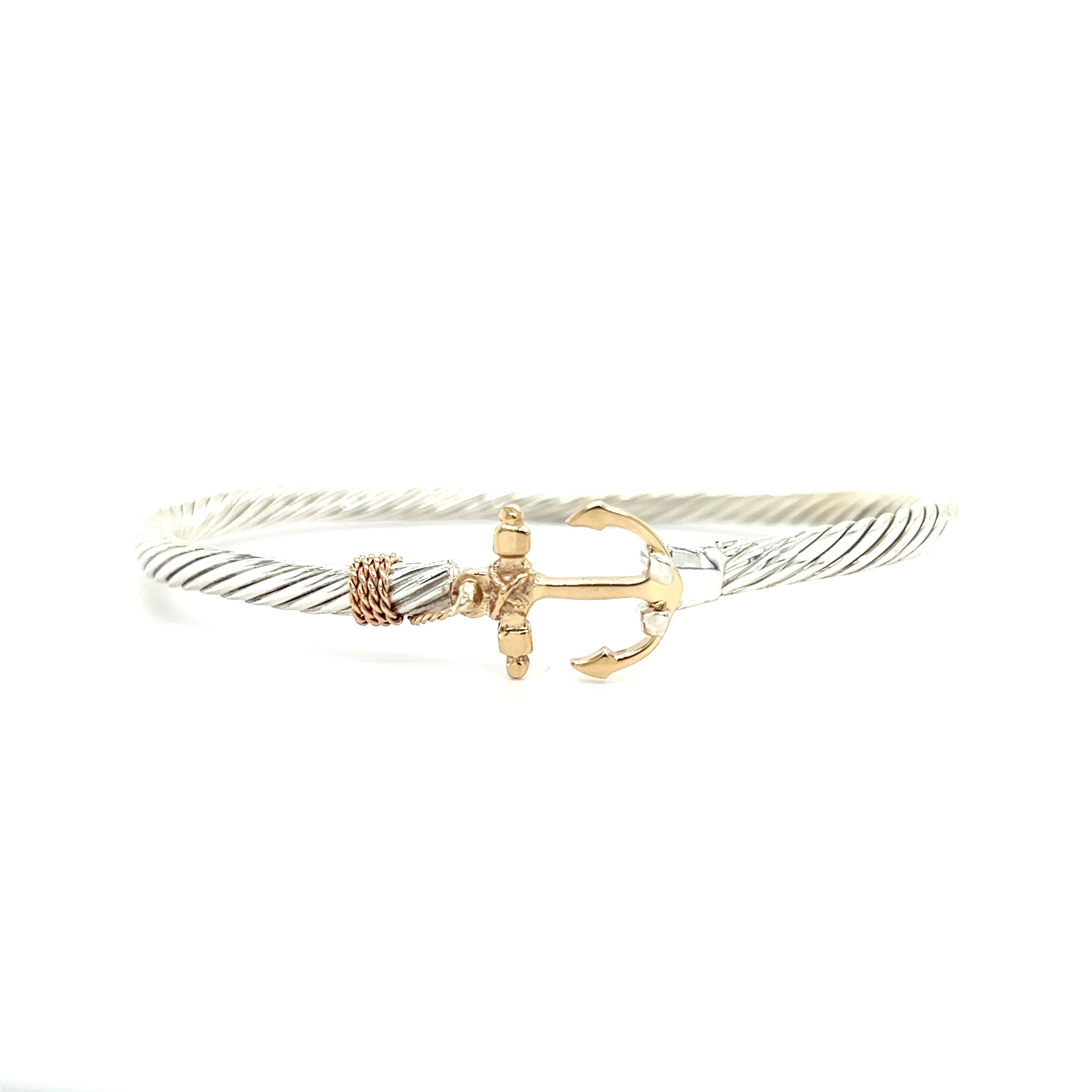 Twisted Cable 3.5mm Bangle Bracelet with 14K Yellow Gold Anchor and Wrap in Sterling Silver