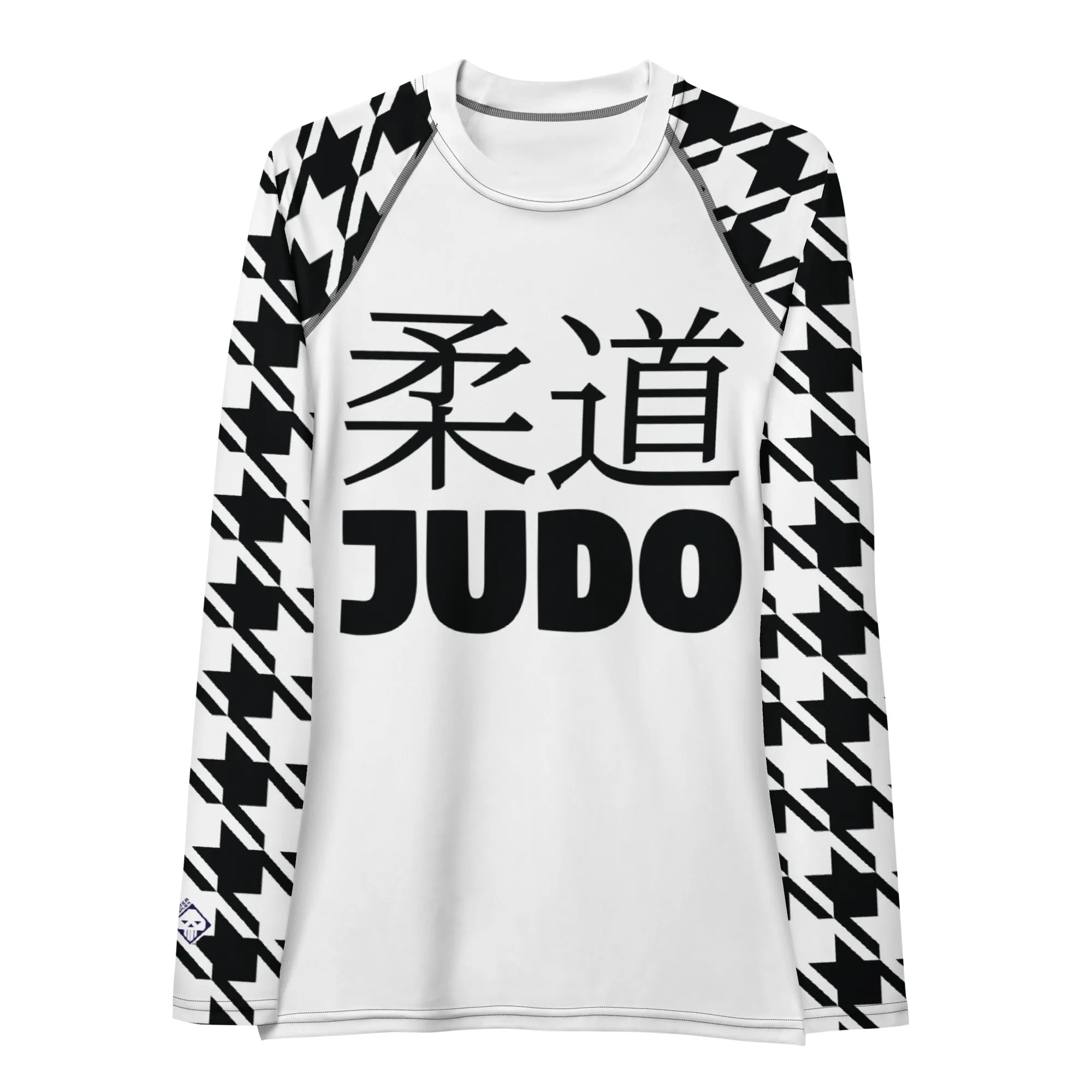 Versatile Vigor: Women's Houndstooth Classic Judo Rash Guard for BJJ Blanc