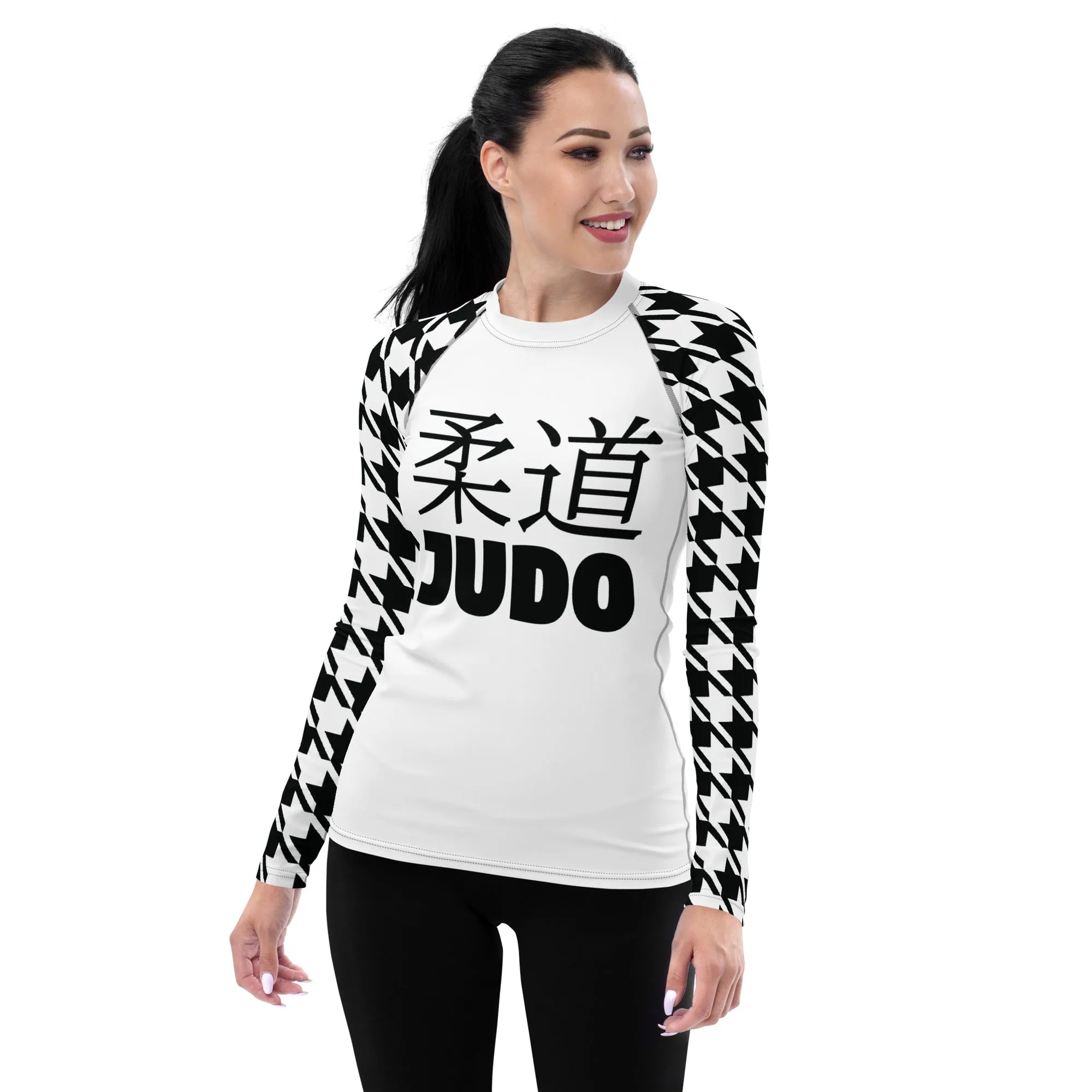 Versatile Vigor: Women's Houndstooth Classic Judo Rash Guard for BJJ Blanc