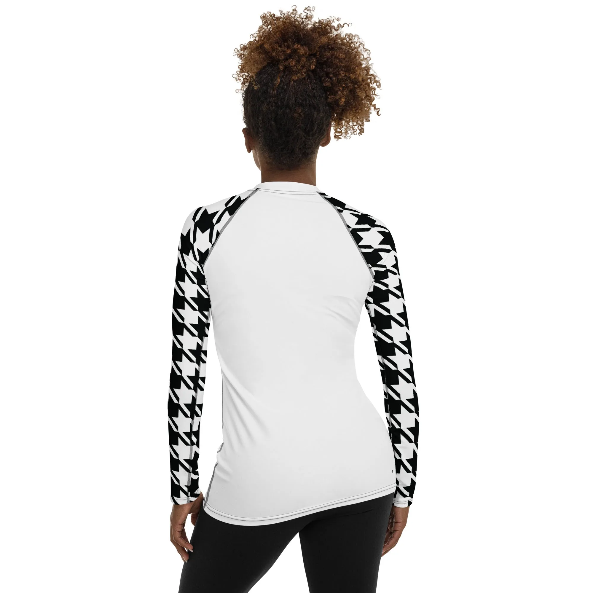 Versatile Vigor: Women's Houndstooth Classic Judo Rash Guard for BJJ Blanc