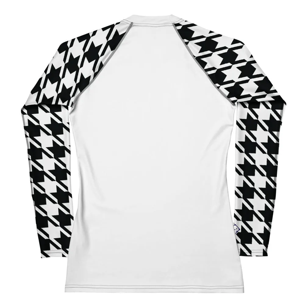 Versatile Vigor: Women's Houndstooth Classic Judo Rash Guard for BJJ Blanc