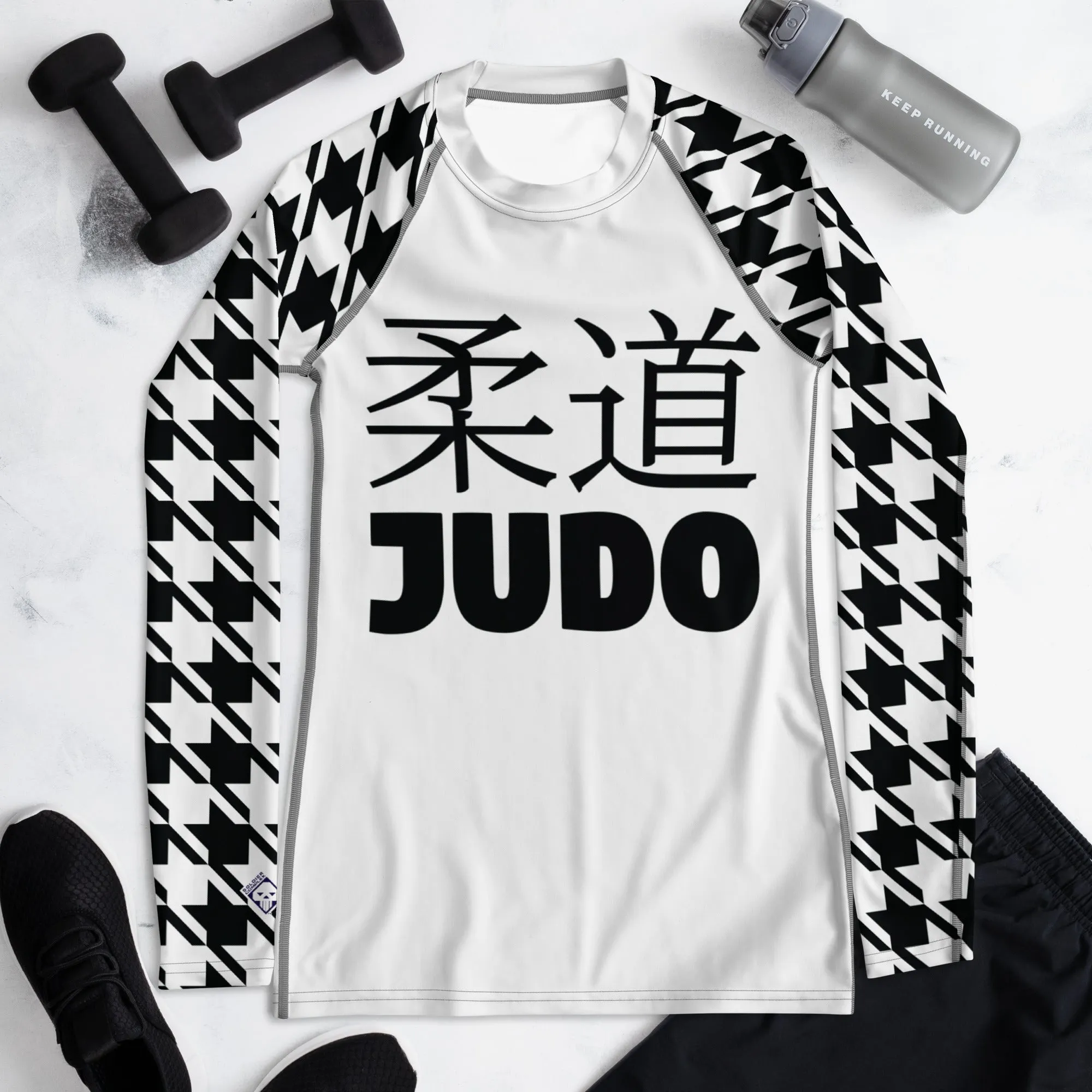 Versatile Vigor: Women's Houndstooth Classic Judo Rash Guard for BJJ Blanc