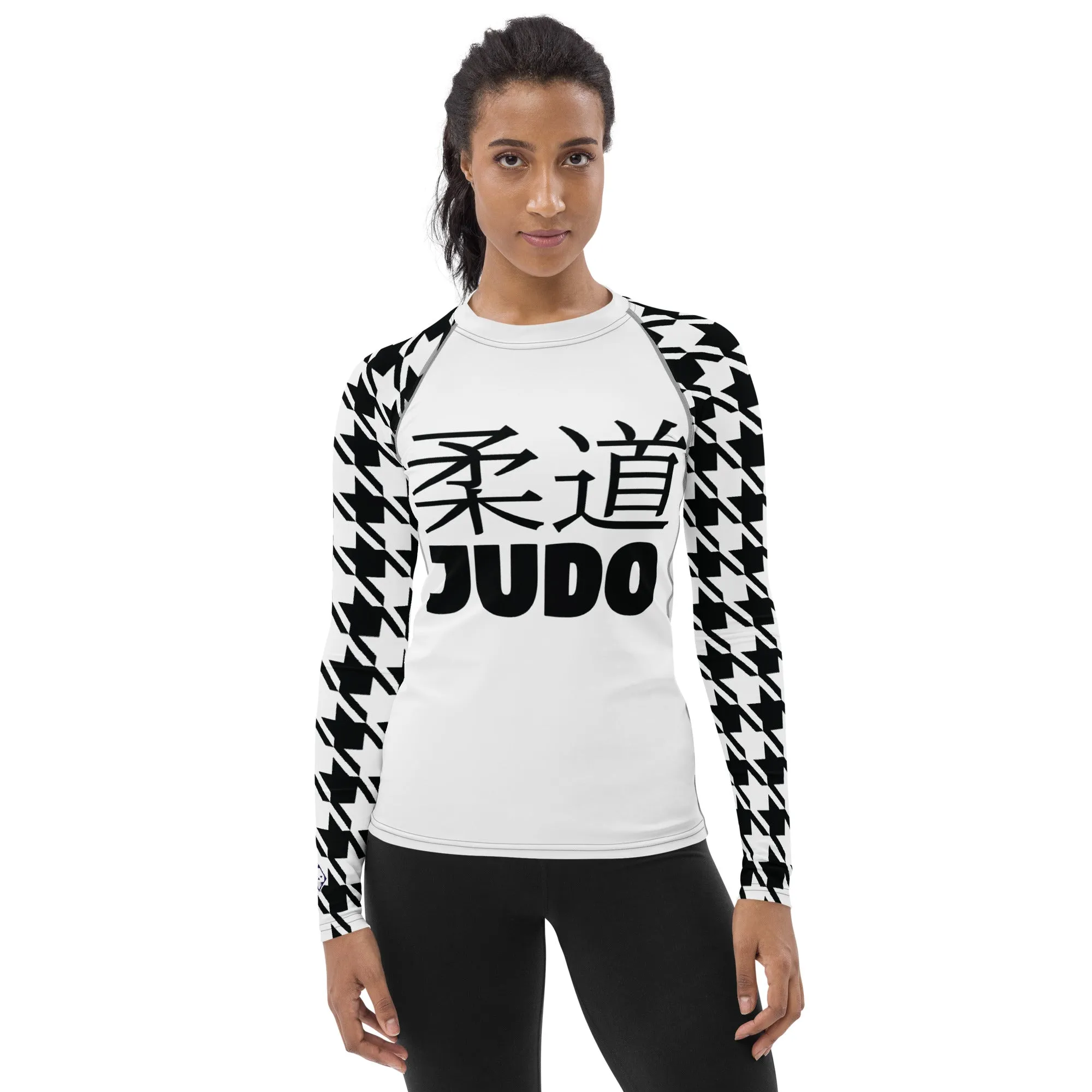 Versatile Vigor: Women's Houndstooth Classic Judo Rash Guard for BJJ Blanc