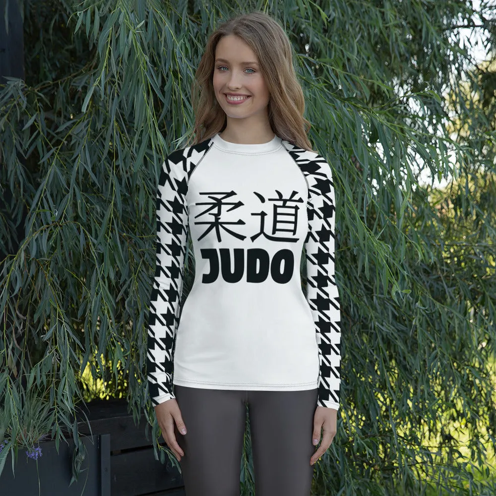 Versatile Vigor: Women's Houndstooth Classic Judo Rash Guard for BJJ Blanc