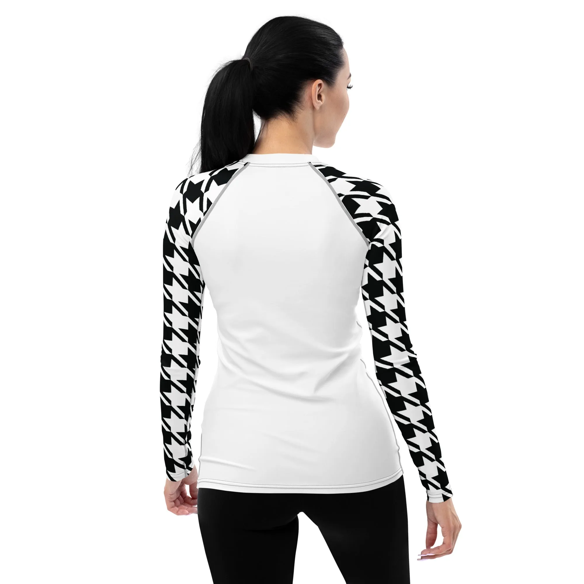 Versatile Vigor: Women's Houndstooth Classic Judo Rash Guard for BJJ Blanc