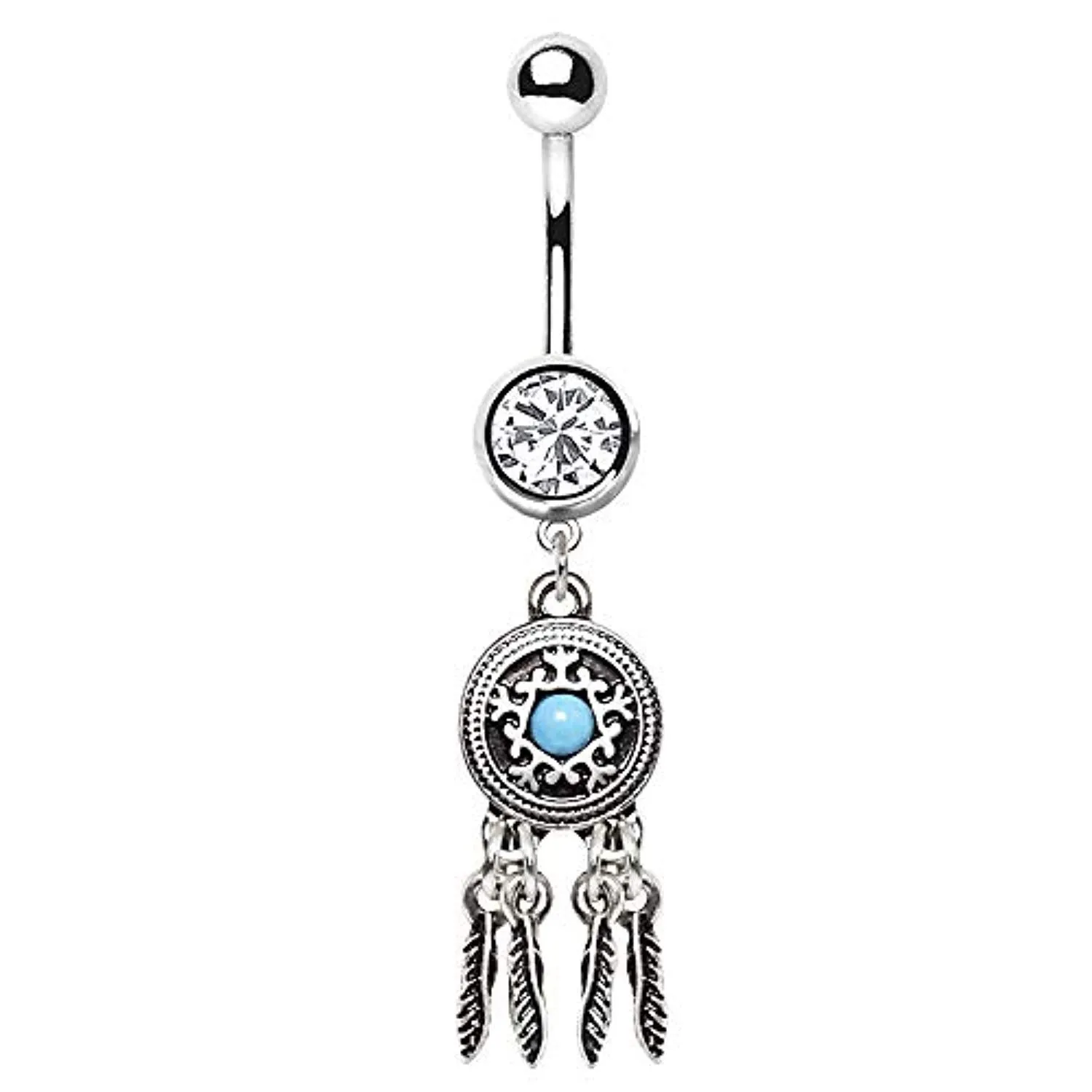 WildKlass 316L Stainless Steel Feather Dream Catcher Dangle Navel Ring