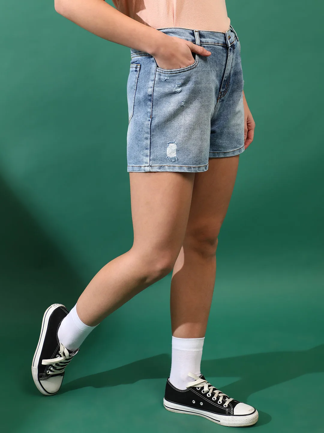 Women Denim solid Blue Shorts