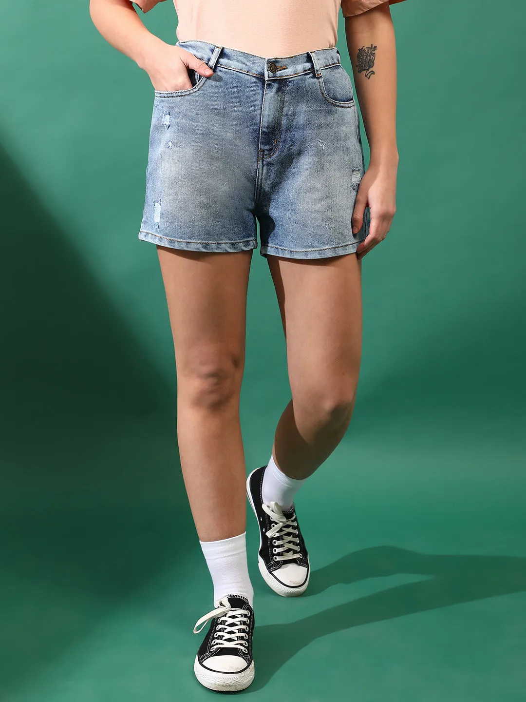 Women Denim solid Blue Shorts