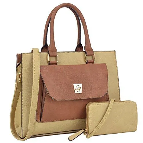 Women Leather Tote Satchel Handbags Colorblock Briefcases with Matching Purses