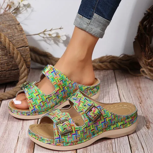 Women's Casual Metal Buckle Wedge Plaid Flip Flops 55945780S