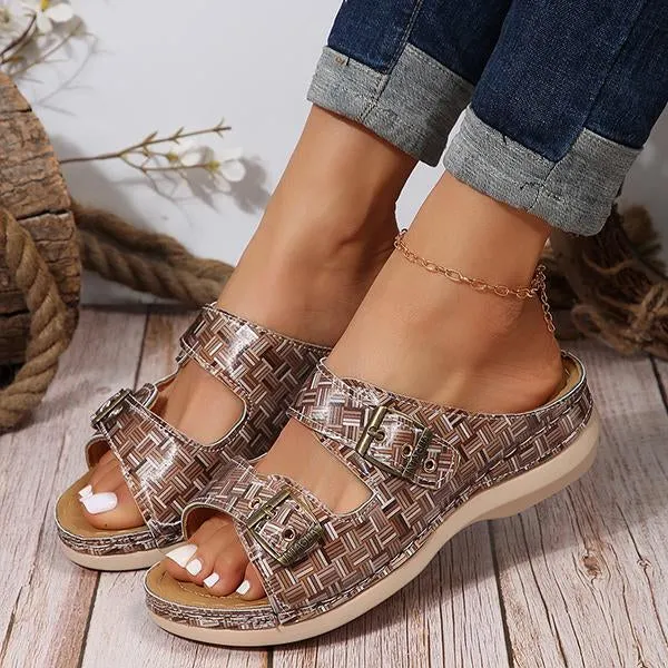 Women's Casual Metal Buckle Wedge Plaid Flip Flops 55945780S