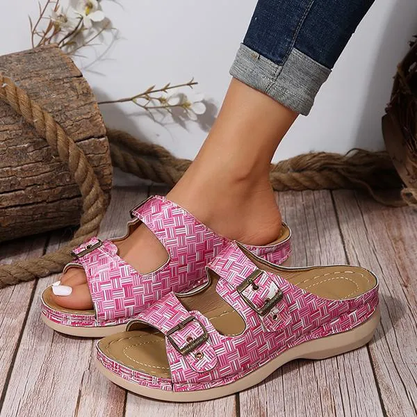 Women's Casual Metal Buckle Wedge Plaid Flip Flops 55945780S