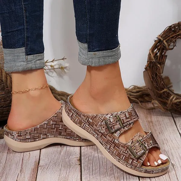 Women's Casual Metal Buckle Wedge Plaid Flip Flops 55945780S