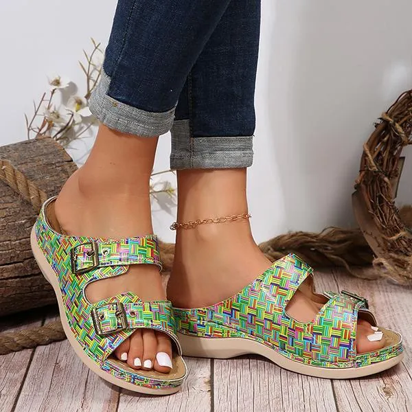 Women's Casual Metal Buckle Wedge Plaid Flip Flops 55945780S